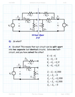 3/6/2009 Symmetric Circuit Analysis 6/10
Jim Stiles The Univ. of Kansas Dept. of EECS
Q: So what?
A: So what! This means that our circuit can be split apart
into two separate but identical circuits. Solve one half-
circuit, and you have solved the other!
I1 I2
+
V2
-
+
V1
-
+
-
+
-Vs
Vs
+ V1a -
+ V1b -
+
V1c
-
+
V2c
-
- V2a +
- V2b +
I1b
I1c I2c
I2b
Virtual Open
I=0
I1
+
V1
-
+
-Vs
+ V1a -
+ V1b -
+
V1c
-
I1b
I1c
I1a
1 2
1 2
1 2
1 2
1 2
1 2
1 2
1 2
1 2
0
2
2
200
0
200
200
0
s
a a
b b s
c c s
s
a a
b b s
c c s
d d
V V V
V V
V V V
V V V
I I V
I I
I I V
I I V
I I
= =
= =
= =
= =
= =
= =
= =
= =
= =
 
