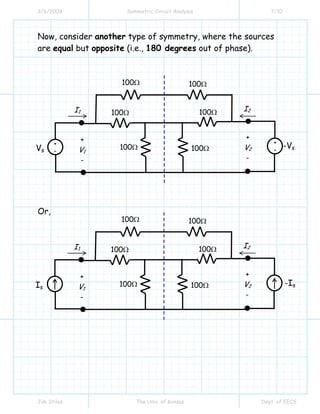 3/6/2009 Symmetric Circuit Analysis 7/10
Jim Stiles The Univ. of Kansas Dept. of EECS
Now, consider another type of symmetry, where the sources
are equal but opposite (i.e., 180 degrees out of phase).
Or,
I1
100Ω
I2
+
V2
-
+
V1
-
100Ω 100Ω
100Ω
100Ω
100Ω
+
-
+
-Vs
-Vs
I1
100Ω
I2
+
V2
-
+
V1
-
100Ω 100Ω
100Ω
100Ω
100Ω
Is
-Is
 