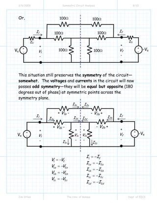 3/6/2009 Symmetric Circuit Analysis 8/10
Jim Stiles The Univ. of Kansas Dept. of EECS
Or,
This situation still preserves the symmetry of the circuit—
somewhat. The voltages and currents in the circuit will now
posses odd symmetry—they will be equal but opposite (180
degrees out of phase) at symmetric points across the
symmetry plane.
I1
100Ω
I2
+
V2
-
+
V1
-
100Ω 100Ω
100Ω
100Ω
100Ω
Vs
-Vs
+
-
+
-
Z0 Z0
I1 I2
+
V2
-
+
V1
-
+
-
+
-Vs
-Vs
+ V1a -
+ V1b -
+
V1c
-
+
V2c
-
- V2a +
- V2b +
I1a
I1b
I1c
I1d
I2a
I2d
I2c
I2b
1 2
1 2
1 2
1 2
1 2
1 2
1 2
1 2
1 2
a a
a a
b b
b b
c c
c c
d d
I I
V V
I I
V V
I I
V V
I I
V V
I I
= −
= −
= −
= −
= −
= −
= −
= −
= −
 