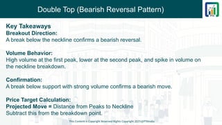 Double Top (Bearish Reversal Pattern)
Key Takeaways
Breakout Direction:
A break below the neckline confirms a bearish reversal.
Volume Behavior:
High volume at the first peak, lower at the second peak, and spike in volume on
the neckline breakdown.
Confirmation:
A break below support with strong volume confirms a bearish move.
Price Target Calculation:
Projected Move = Distance from Peaks to Neckline
Subtract this from the breakdown point.
This Content is Copyright Reserved Rights Copyright 2025@PTAIndia
 