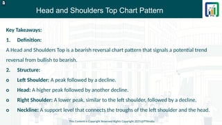 Head and Shoulders Top Chart Pattern
This Content is Copyright Reserved Rights Copyright 2025@PTAIndia
D.webp
Key Takeaways:
1. Definition:
A Head and Shoulders Top is a bearish reversal chart pattern that signals a potential trend
reversal from bullish to bearish.
2. Structure:
o Left Shoulder: A peak followed by a decline.
o Head: A higher peak followed by another decline.
o Right Shoulder: A lower peak, similar to the left shoulder, followed by a decline.
o Neckline: A support level that connects the troughs of the left shoulder and the head.
 