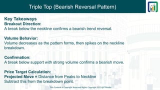Triple Top (Bearish Reversal Pattern)
Key Takeaways
Breakout Direction:
A break below the neckline confirms a bearish trend reversal.
Volume Behavior:
Volume decreases as the pattern forms, then spikes on the neckline
breakdown.
Confirmation:
A break below support with strong volume confirms a bearish move.
Price Target Calculation:
Projected Move = Distance from Peaks to Neckline
Subtract this from the breakdown point.
This Content is Copyright Reserved Rights Copyright 2025@PTAIndia
 