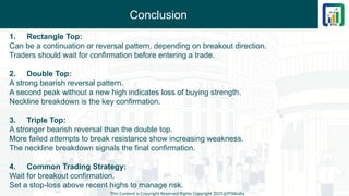 Conclusion
1. Rectangle Top:
Can be a continuation or reversal pattern, depending on breakout direction.
Traders should wait for confirmation before entering a trade.
2. Double Top:
A strong bearish reversal pattern.
A second peak without a new high indicates loss of buying strength.
Neckline breakdown is the key confirmation.
3. Triple Top:
A stronger bearish reversal than the double top.
More failed attempts to break resistance show increasing weakness.
The neckline breakdown signals the final confirmation.
4. Common Trading Strategy:
Wait for breakout confirmation.
Set a stop-loss above recent highs to manage risk.
This Content is Copyright Reserved Rights Copyright 2025@PTAIndia
 