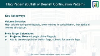Flag Pattern (Bullish or Bearish Continuation Pattern)
Key Takeaways
Volume Behavior:
High volume during the flagpole, lower volume in consolidation, then spike in
volume at breakout.
Price Target Calculation:
o Projected Move = Length of the Flagpole
o Add to breakout point for bullish flags, subtract for bearish flags.
This Content is Copyright Reserved Rights Copyright 2025@PTAIndia
 