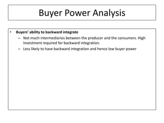 Buyer Power Analysis
•   Buyers’ ability to backward integrate
     – Not much intermediaries between the producer and the consumers. High
       Investment required for backward integration.
     – Less likely to have backward integration and hence low buyer power
 