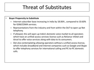 Threat of Substitutes
•   Buyer Propensity to Substitute
     – Internet subscriber base increasing in India by 18.06% , compared to 10.60%
       for GSM/CDMA services.
     – Representations from the industry and from within the DoT to open up Net
       telephony.
     – If allowed, this will open up India’s domestic voice market to all operators
       which have an unified access services license such as Reliance Infotel and
       Aircel to offer voice services along with data to its consumers.
     – Dot also contemplating allowing operators without a unified access license,
       which includes broadband and Internet companies such as Google and Skype
       to offer telephony services for international calling and PC-to-PC domestic
       calls.
 