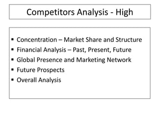Competitors Analysis - High

   Concentration – Market Share and Structure
   Financial Analysis – Past, Present, Future
   Global Presence and Marketing Network
   Future Prospects
   Overall Analysis
 