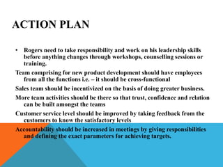 ACTION PLAN
• Rogers need to take responsibility and work on his leadership skills
before anything changes through workshops, counselling sessions or
training.
Team comprising for new product development should have employees
from all the functions i.e. – it should be cross-functional
Sales team should be incentivized on the basis of doing greater business.
More team activities should be there so that trust, confidence and relation
can be built amongst the teams
Customer service level should be improved by taking feedback from the
customers to know the satisfactory levels
Accountability should be increased in meetings by giving responsibilities
and defining the exact parameters for achieving targets.
 