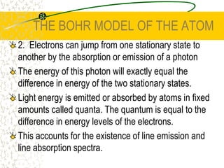 THE BOHR MODEL OF THE ATOM2.  Electrons can jump from one stationary state to another by the absorption or emission of a photonThe energy of this photon will exactly equal the difference in energy of the two stationary states.Light energy is emitted or absorbed by atoms in fixed amounts called quanta. The quantum is equal to the difference in energy levels of the electrons. This accounts for the existence of line emission and line absorption spectra. 