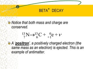 ALPHA DECAYAlpha particles have a relatively high mass and so are ejected with a moderate speed, typically about  2 x 107 ms-1. Because their charge is high (2+) and speed low, they interact with matter easily, thus they are able to penetrate air only by a few centimetres. 