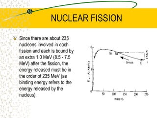 NUCLEAR FISSIONInduced Fission can occurwhen a slow moving neutron (0.03eV = 20000 ms-1) strikes the 92U235It is absorbed momentarily resulting in 92U236This is extremely unstable and decays into two approximately equal fragments in about 5 x 10-8 sec.