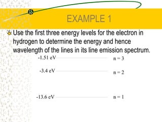 THE BOHR MODEL OF THE ATOMAn electron can be moved to a higher energy level by…1. INCOMING PHOTON- Must be of exactly the same energy as E2 – E12.  INCOMING ELECTRON- remaining energy stays with the incoming electron.3.  HEAT- gives the electron vibrational energy.