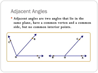Adjacent Angles Adjacent angles are two angles that lie in the same plane, have a common vertex and a common side, but no common interior points. 