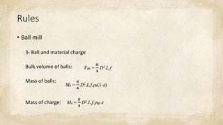 Rules
• Ball mill
3- Ball and material charge
Bulk volume of balls:
Mass of balls:
Mass of charge:
 