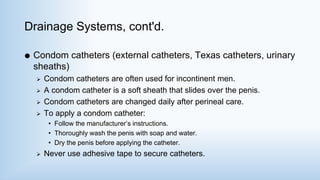 Drainage Systems, cont'd.
 Condom catheters (external catheters, Texas catheters, urinary
sheaths)
 Condom catheters are often used for incontinent men.
 A condom catheter is a soft sheath that slides over the penis.
 Condom catheters are changed daily after perineal care.
 To apply a condom catheter:
• Follow the manufacturer’s instructions.
• Thoroughly wash the penis with soap and water.
• Dry the penis before applying the catheter.
 Never use adhesive tape to secure catheters.
 