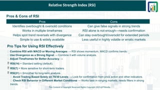 Relative Strength Index (RSI)
Pros & Cons of RSI
This Content is Copyright Reserved Rights Copyright 2025@PTAIndia
Pros Cons
Identifies overbought & oversold conditions Can give false signals in strong trends
Works in multiple timeframes RSI alone is not enough—needs confirmation
Helps spot trend reversals with divergence Can stay overbought/oversold for extended periods
Simple to use & widely available Less useful in highly volatile or erratic markets
Pro Tips for Using RSI Effectively
✅ Combine RSI with MACD or Moving Averages → RSI shows momentum, MACD confirms trends.
✅ Use Divergence as a Strong Signal → Combine it with volume analysis.
✅ Adjust Timeframes for Better Accuracy →
 RSI(14) = Standard setting (default).
 RSI(7) = More sensitive for short-term traders.
 RSI(21) = Smoother for long-term analysis.
✅ Avoid Trading Based Solely on 70/30 Levels → Look for confirmation from price action and other indicators.
✅ Check RSI Behavior in Different Market Conditions → Works best in ranging markets, needs filters in strong
trends.
 