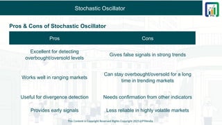Stochastic Oscillator
Pros & Cons of Stochastic Oscillator
This Content is Copyright Reserved Rights Copyright 2025@PTAIndia
Pros Cons
Excellent for detecting
overbought/oversold levels
Gives false signals in strong trends
Works well in ranging markets
Can stay overbought/oversold for a long
time in trending markets
Useful for divergence detection Needs confirmation from other indicators
Provides early signals Less reliable in highly volatile markets
 
