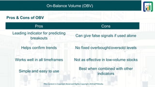 On-Balance Volume (OBV)
Pros & Cons of OBV
This Content is Copyright Reserved Rights Copyright 2025@PTAIndia
Pros Cons
Leading indicator for predicting
breakouts
Can give false signals if used alone
Helps confirm trends No fixed overbought/oversold levels
Works well in all timeframes Not as effective in low-volume stocks
Simple and easy to use
Best when combined with other
indicators
 