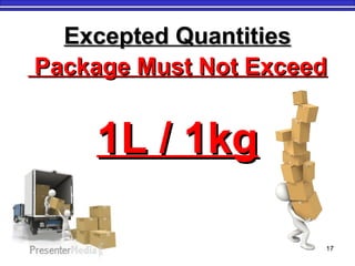 M. Tayfour 17
Excepted QuantitiesExcepted Quantities
Package Must Not ExceedPackage Must Not Exceed
1L / 1kg1L / 1kg
 