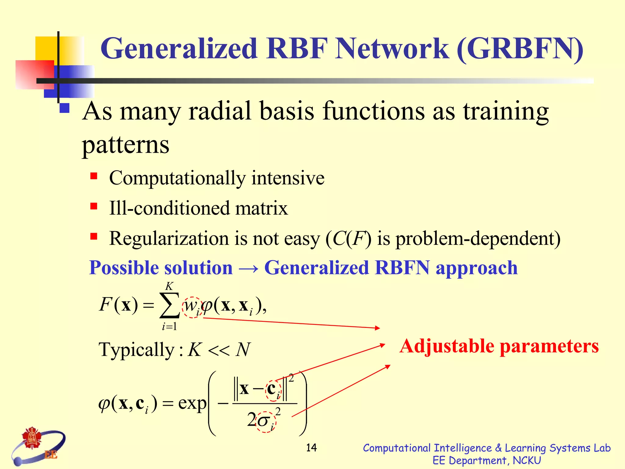 Generalized RBF Network (GRBFN) As many radial basis functions as training patterns Computationally intensive Ill-conditioned matrix Regularization is not easy ( C ( F ) is problem-dependent) Possible solution -> Generalized RBFN approach  Adjustable parameters 