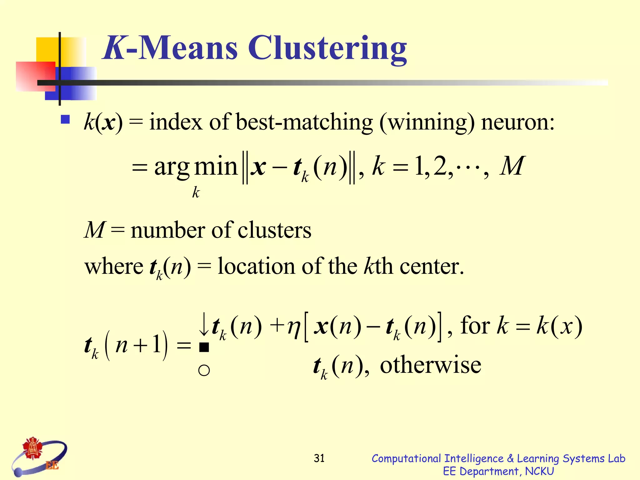 K -Means Clustering k ( x ) = index of best-matching (winning) neuron: M  = number of clusters  where  t k ( n ) = location of the  k th center. 