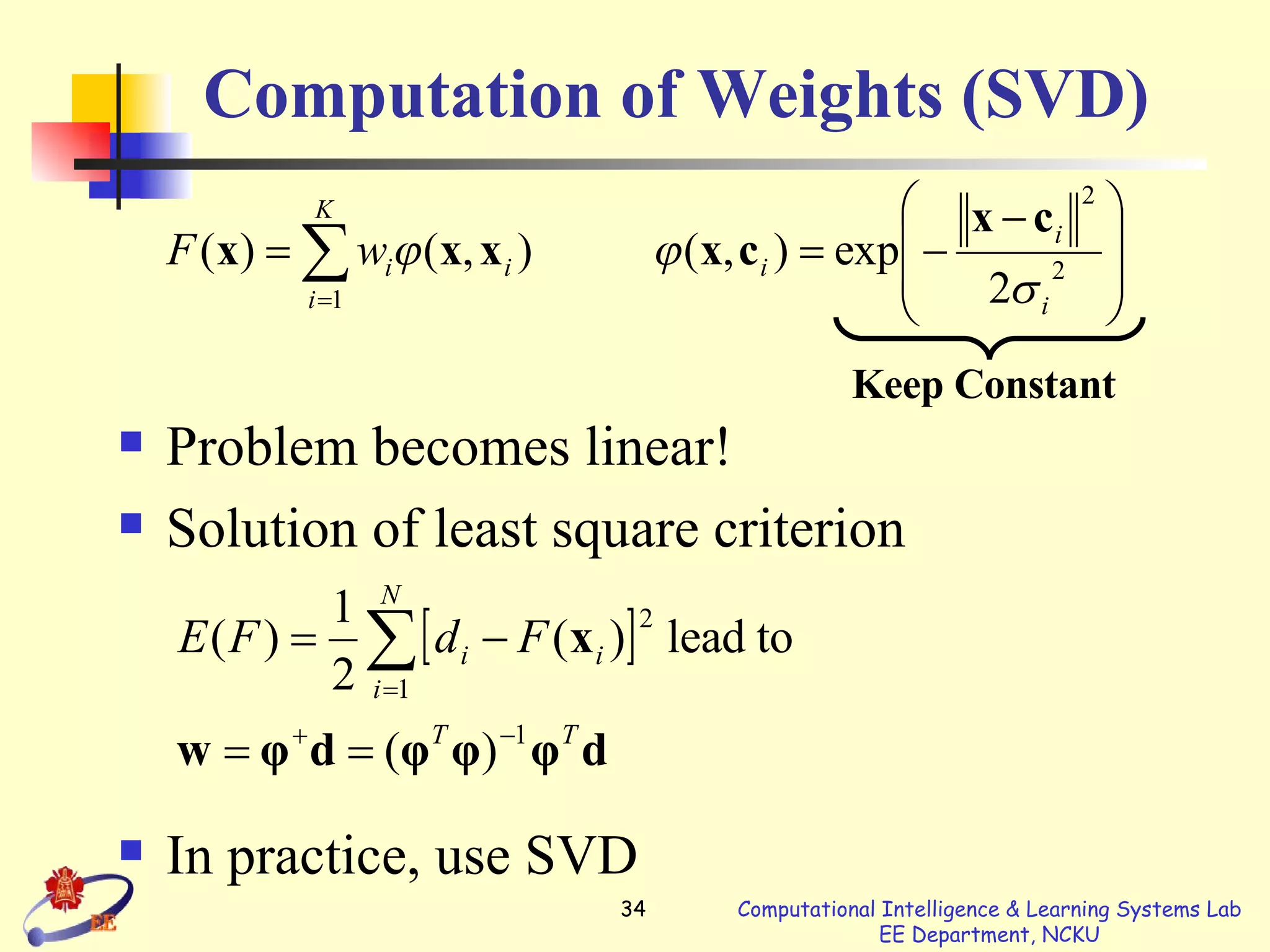 Computation of Weights (SVD) Problem becomes linear! Solution of least square criterion  In practice, use SVD Keep Constant 
