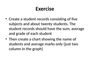 Exercise
• Create a student records consisting of five
subjects and about twenty students. The
student records should have the sum, average
and grade of each student
• Then create a chart showing the name of
students and average marks only (just two
column in the graph)
 