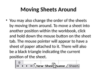 Moving Sheets Around
• You may also change the order of the sheets
by moving them around. To move a sheet into
another position within the workbook, click
and hold down the mouse button on the sheet
tab. The mouse pointer will appear to have a
sheet of paper attached to it. There will also
be a black triangle indicating the current
position of the sheet.
 