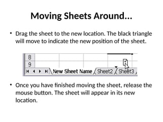 Moving Sheets Around...
• Drag the sheet to the new location. The black triangle
will move to indicate the new position of the sheet.
• Once you have finished moving the sheet, release the
mouse button. The sheet will appear in its new
location.
 