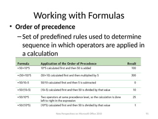 Working with Formulas
• Order of precedence
–Set of predefined rules used to determine
sequence in which operators are applied in
a calculation
New Perspectives on Microsoft Office 2010 91
 