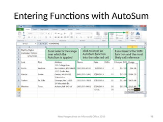 Entering Functions with AutoSum
New Perspectives on Microsoft Office 2010 98
 