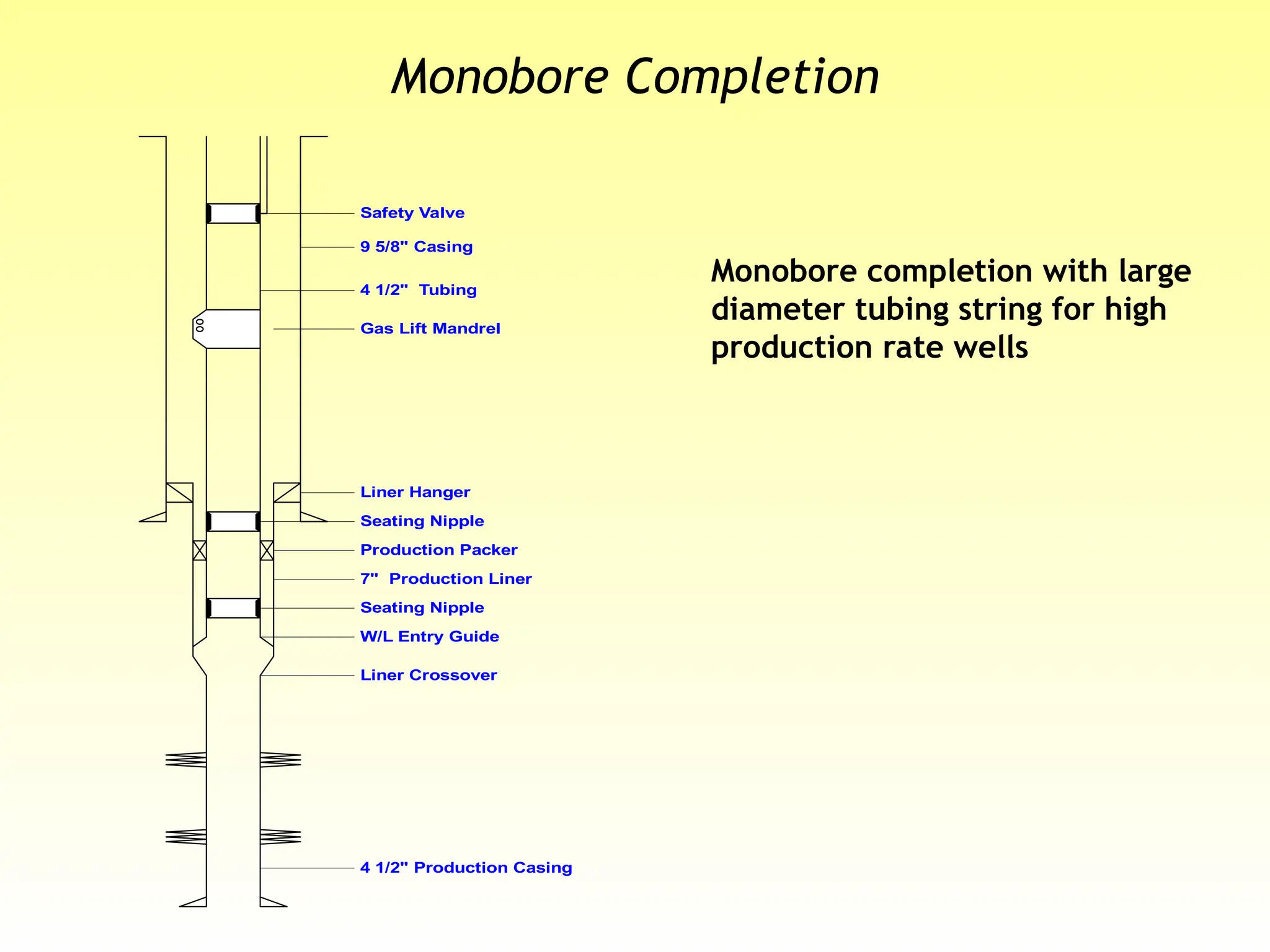 Monobore Completion
Monobore completion with large
diameter tubing string for high
production rate wells
Safety Valve
Seating Nipple
4 1/2" Tubing
Gas Lift Mandrel
9 5/8" Casing
Production Packer
7" Production Liner
4 1/2" Production Casing
Seating Nipple
W/L Entry Guide
Liner Crossover
Liner Hanger
 