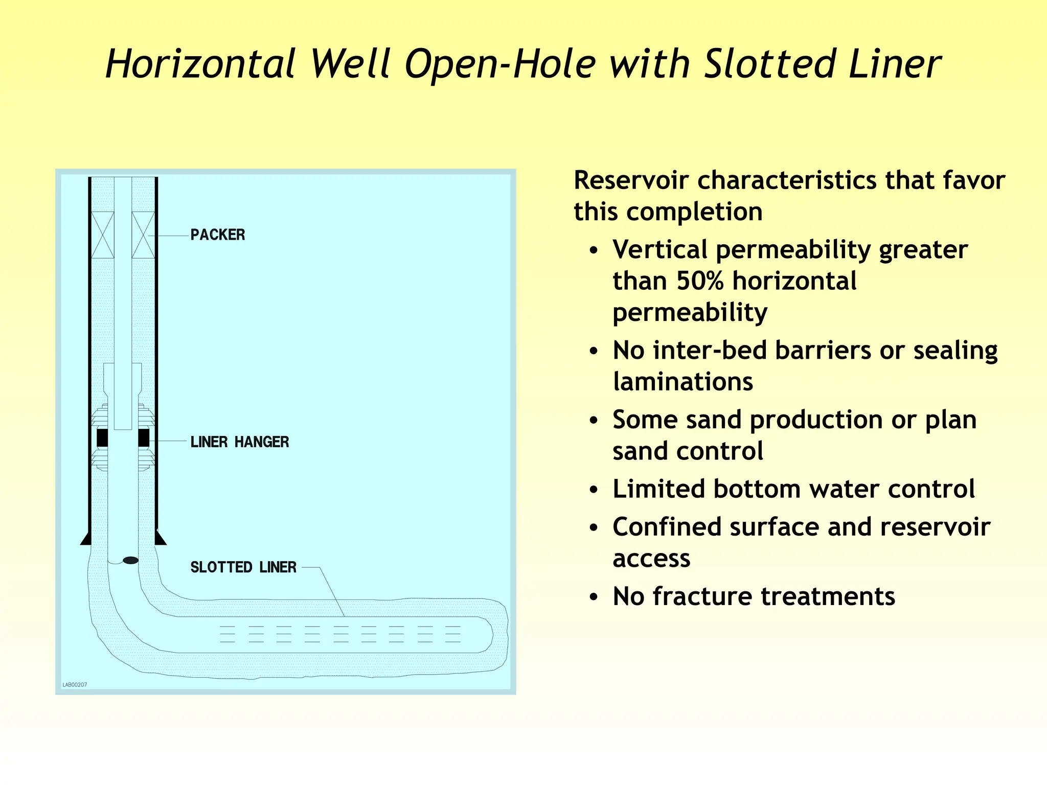 Reservoir characteristics that favor
this completion
• Vertical permeability greater
than 50% horizontal
permeability
• No inter-bed barriers or sealing
laminations
• Some sand production or plan
sand control
• Limited bottom water control
• Confined surface and reservoir
access
• No fracture treatments
Horizontal Well Open-Hole with Slotted Liner
 