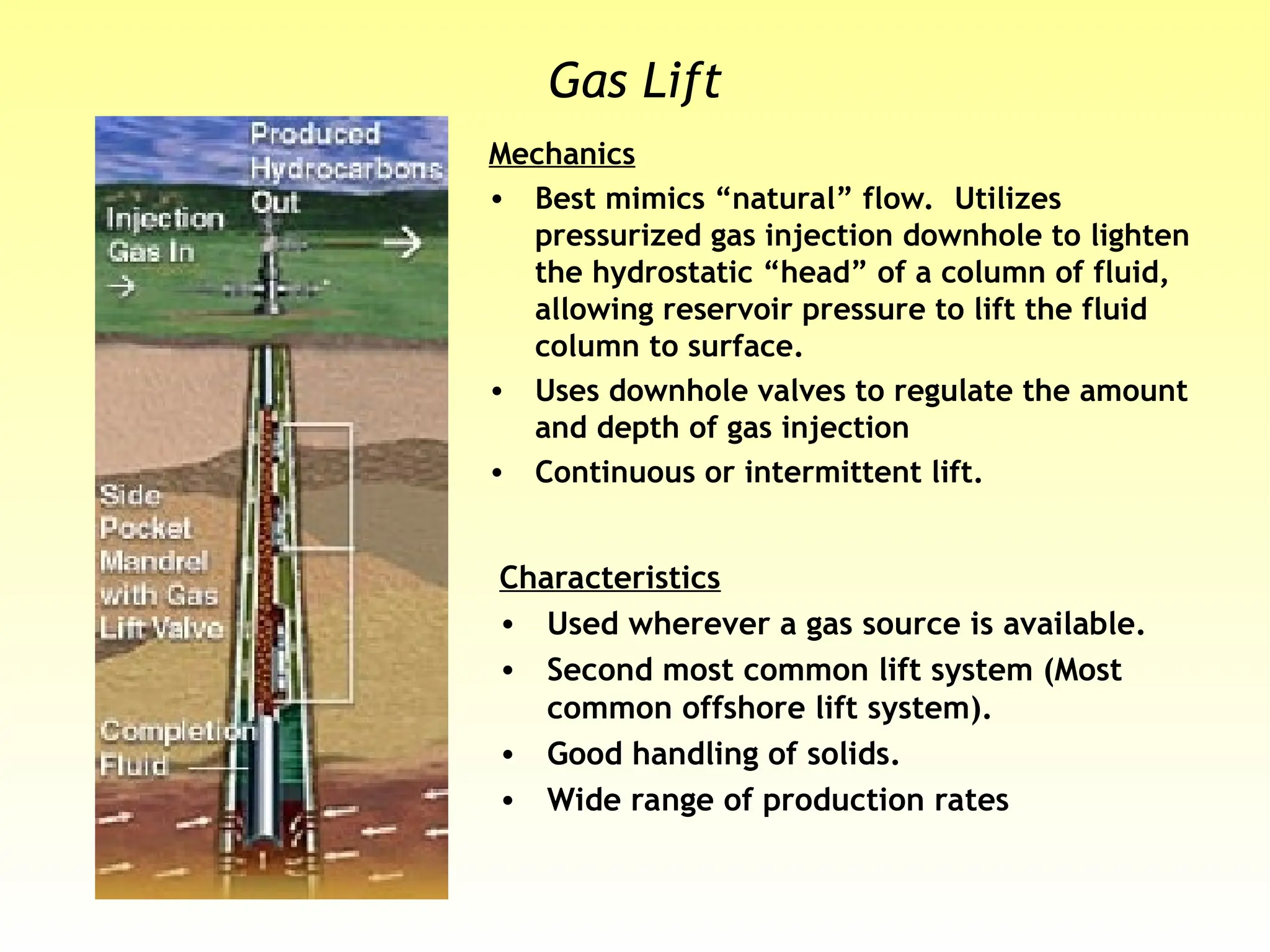 Gas Lift
Mechanics
• Best mimics “natural” flow. Utilizes
pressurized gas injection downhole to lighten
the hydrostatic “head” of a column of fluid,
allowing reservoir pressure to lift the fluid
column to surface.
• Uses downhole valves to regulate the amount
and depth of gas injection
• Continuous or intermittent lift.
Characteristics
• Used wherever a gas source is available.
• Second most common lift system (Most
common offshore lift system).
• Good handling of solids.
• Wide range of production rates
 