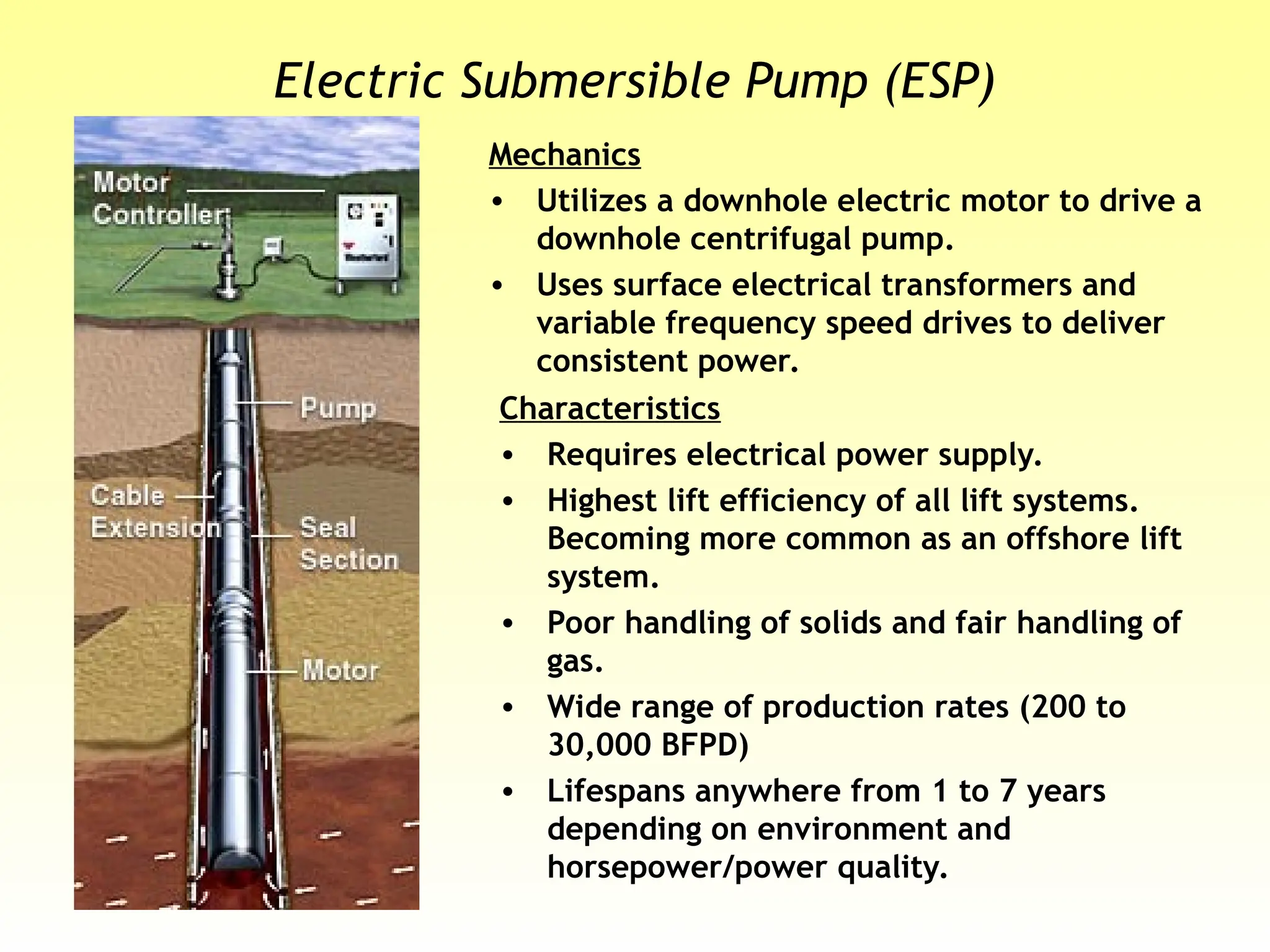 Electric Submersible Pump (ESP)
Mechanics
• Utilizes a downhole electric motor to drive a
downhole centrifugal pump.
• Uses surface electrical transformers and
variable frequency speed drives to deliver
consistent power.
Characteristics
• Requires electrical power supply.
• Highest lift efficiency of all lift systems.
Becoming more common as an offshore lift
system.
• Poor handling of solids and fair handling of
gas.
• Wide range of production rates (200 to
30,000 BFPD)
• Lifespans anywhere from 1 to 7 years
depending on environment and
horsepower/power quality.
 