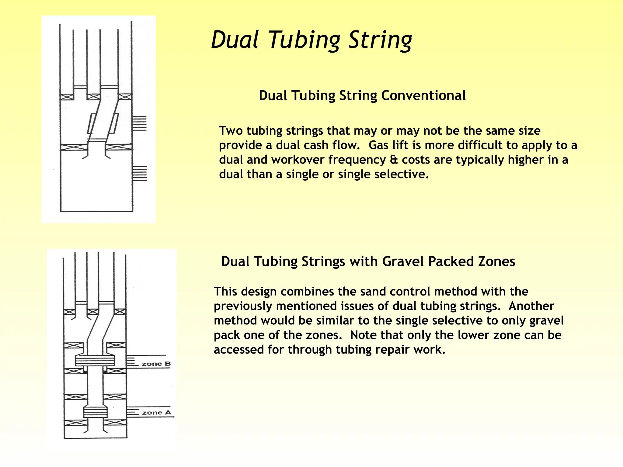 Dual Tubing String Conventional
Two tubing strings that may or may not be the same size
provide a dual cash flow. Gas lift is more difficult to apply to a
dual and workover frequency & costs are typically higher in a
dual than a single or single selective.
Dual Tubing Strings with Gravel Packed Zones
This design combines the sand control method with the
previously mentioned issues of dual tubing strings. Another
method would be similar to the single selective to only gravel
pack one of the zones. Note that only the lower zone can be
accessed for through tubing repair work.
Dual Tubing String
 
