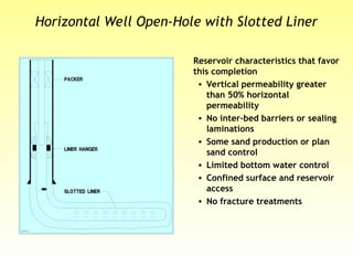 Reservoir characteristics that favor
this completion
• Vertical permeability greater
than 50% horizontal
permeability
• No inter-bed barriers or sealing
laminations
• Some sand production or plan
sand control
• Limited bottom water control
• Confined surface and reservoir
access
• No fracture treatments
Horizontal Well Open-Hole with Slotted Liner
 