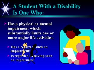 A Student With a Disability Is One Who: Has a physical or mental impairment which substantially limits one or more major life activities; Has a record of such an impairment; Is regarded as having such an impairment 