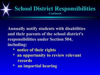 School District Responsibilities Continued Annually notify students with disabilities and their parents of the school district's responsibilities under Section 504, including: *  notice of their rights *  an opportunity to review relevant records * an impartial hearing  