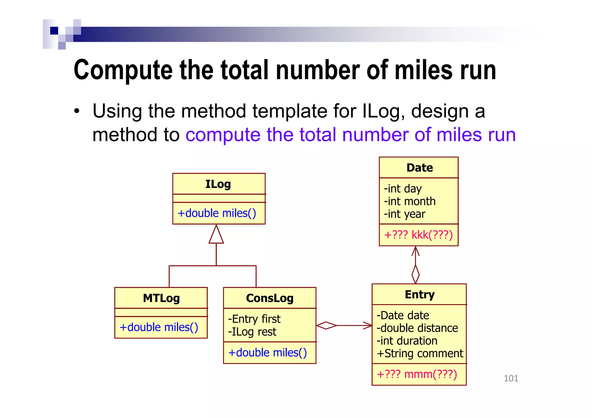 Compute the total number of miles run
• Using the method template for ILog, design a
method to compute the total number of miles run
101
ILog
+double miles()
MTLog
+double miles()
ConsLog
-Entry first
-ILog rest
+double miles()
Entry
-Date date
-double distance
-int duration
+String comment
+??? mmm(???)
Date
-int day
-int month
-int year
+??? kkk(???)
 