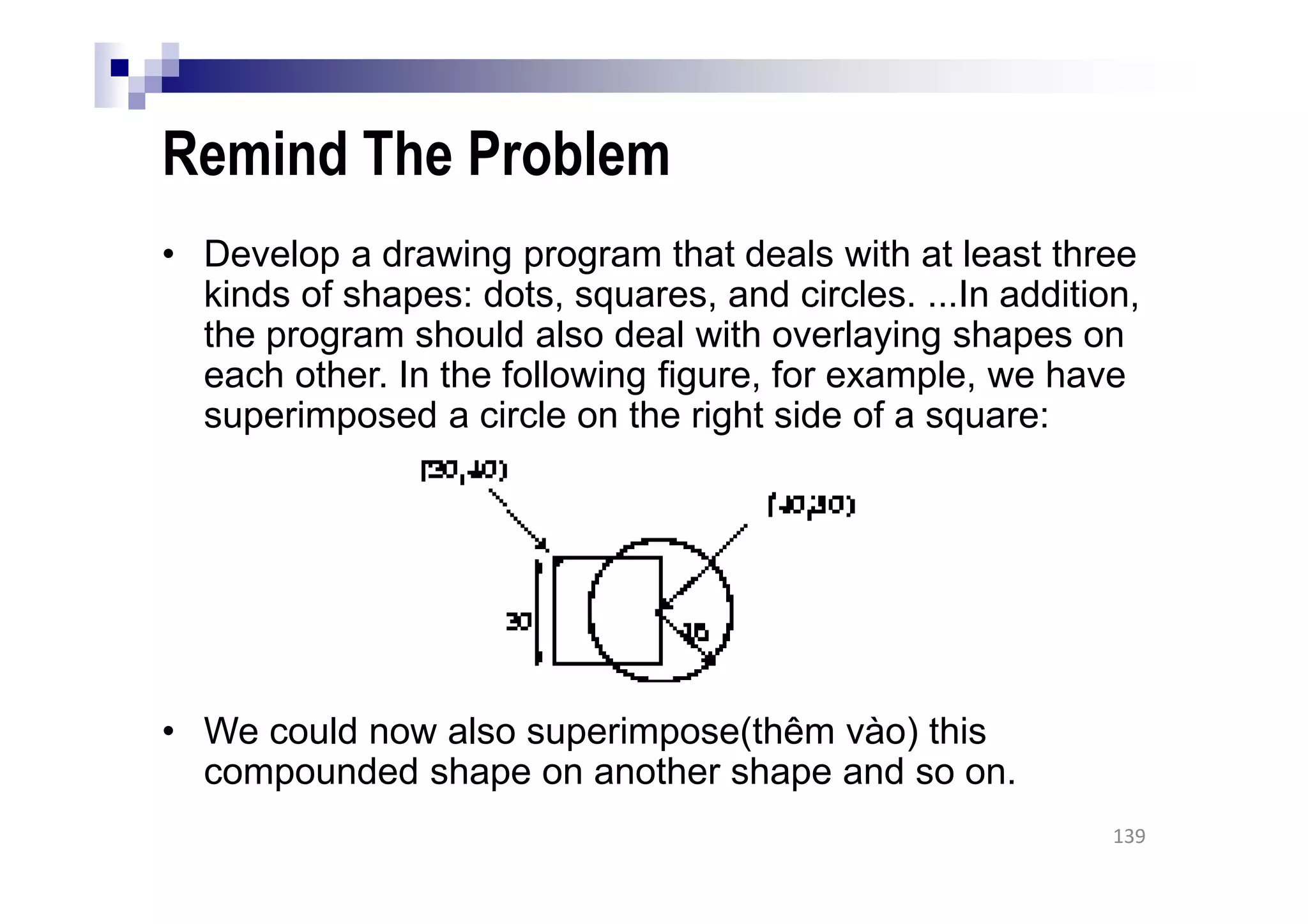 Remind The Problem
• Develop a drawing program that deals with at least three
kinds of shapes: dots, squares, and circles. ...In addition,
the program should also deal with overlaying shapes on
each other. In the following figure, for example, we have
superimposed a circle on the right side of a square:
• We could now also superimpose(thêm vào) this
compounded shape on another shape and so on.
139
 
