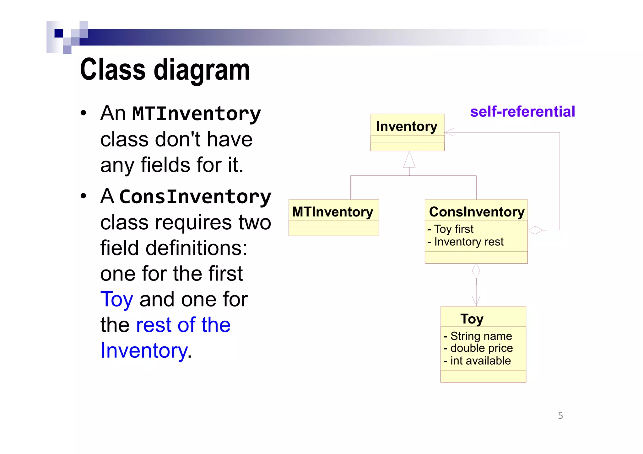 Class diagram
• An MTInventory
class don't have
any fields for it.
• A ConsInventory
class requires two
field definitions:
one for the first
Toy and one for
the rest of the
Inventory.
5
self-referential
MTInventory
Toy
- String name
- double price
- int available
ConsInventory
- Toy first
- Inventory rest
Inventory
 