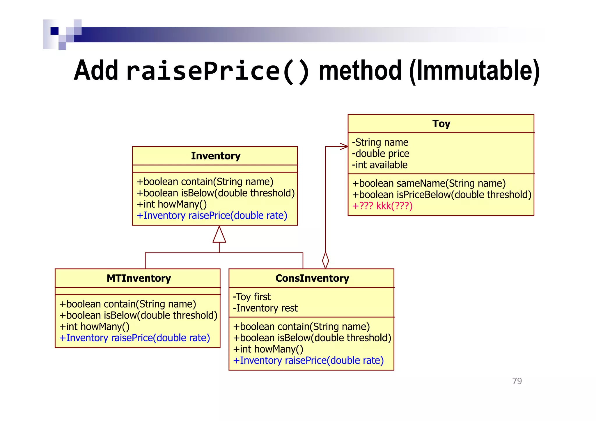 Add raisePrice() method (Immutable)
79
Inventory
+boolean contain(String name)
+boolean isBelow(double threshold)
+int howMany()
+Inventory raisePrice(double rate)
MTInventory
+boolean contain(String name)
+boolean isBelow(double threshold)
+int howMany()
+Inventory raisePrice(double rate)
ConsInventory
-Toy first
-Inventory rest
+boolean contain(String name)
+boolean isBelow(double threshold)
+int howMany()
+Inventory raisePrice(double rate)
Toy
-String name
-double price
-int available
+boolean sameName(String name)
+boolean isPriceBelow(double threshold)
+??? kkk(???)
 