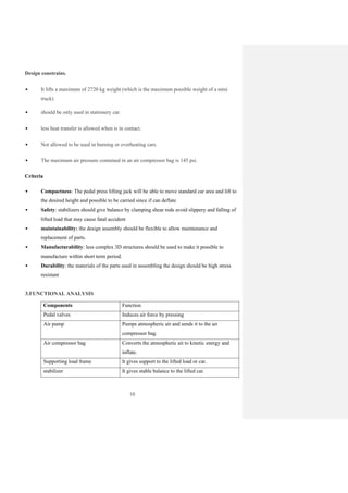 10
Design constrains.
• It lifts a maximum of 2720 kg weight (which is the maximum possible weight of a mini
truck)
• should be only used in stationery car.
• less heat transfer is allowed when is in contact.
• Not allowed to be used in burning or overheating cars.
• The maximum air pressure contained in an air compressor bag is 145 psi.
Criteria
• Compactness: The pedal press lifting jack will be able to move standard car area and lift to
the desired height and possible to be carried since if can deflate
• Safety: stabilizers should give balance by clamping shear rods avoid slippery and falling of
lifted load that may cause fatal accident
• maintainability: the design assembly should be flexible to allow maintenance and
replacement of parts.
• Manufacturability: less complex 3D structures should be used to make it possible to
manufacture within short term period.
• Durability: the materials of the parts used in assembling the design should be high stress
resistant
3.FUNCTIONAL ANALYSIS
Components Function
Pedal valves Induces air force by pressing
Air pump Pumps atmospheric air and sends it to the air
compressor bag.
Air compressor bag Converts the atmospheric ait to kinetic energy and
inflate.
Supporting load frame It gives support to the lifted load or car.
stabilizer It gives stable balance to the lifted car.
 