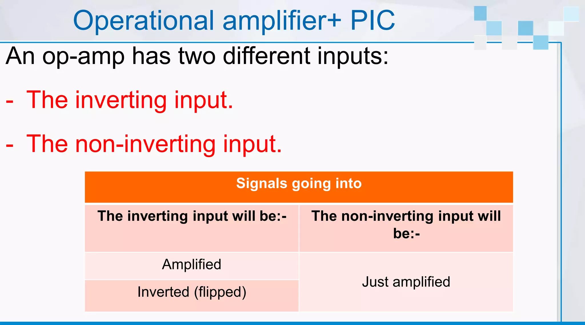 Operational amplifier+ PIC
An op-amp has two different inputs:
- The inverting input.
- The non-inverting input.
Signals going into
The inverting input will be:- The non-inverting input will
be:-
Amplified
Just amplified
Inverted (flipped)
 