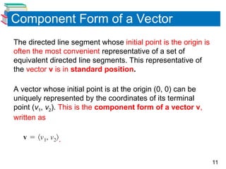 11
Component Form of a Vector
The directed line segment whose initial point is the origin is
often the most convenient representative of a set of
equivalent directed line segments. This representative of
the vector v is in standard position.
A vector whose initial point is at the origin (0, 0) can be
uniquely represented by the coordinates of its terminal
point (v1, v2). This is the component form of a vector v,
written as
.
 