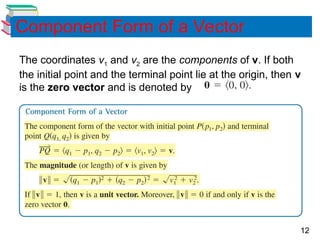 12
Component Form of a Vector
The coordinates v1 and v2 are the components of v. If both
the initial point and the terminal point lie at the origin, then v
is the zero vector and is denoted by
 