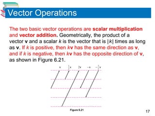 17
Vector Operations
The two basic vector operations are scalar multiplication
and vector addition. Geometrically, the product of a
vector v and a scalar k is the vector that is |k| times as long
as v. If k is positive, then kv has the same direction as v,
and if k is negative, then kv has the opposite direction of v,
as shown in Figure 6.21.
Figure 6.21
 