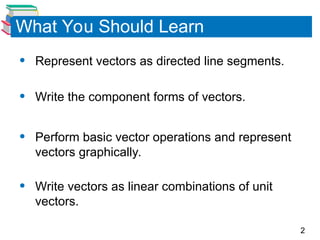 2
What You Should Learn
• Represent vectors as directed line segments.
• Write the component forms of vectors.
• Perform basic vector operations and represent
vectors graphically.
• Write vectors as linear combinations of unit
vectors.
 