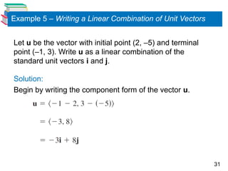 31
Example 5 – Writing a Linear Combination of Unit Vectors
Let u be the vector with initial point (2, –5) and terminal
point (–1, 3). Write u as a linear combination of the
standard unit vectors i and j.
Solution:
Begin by writing the component form of the vector u.
 
